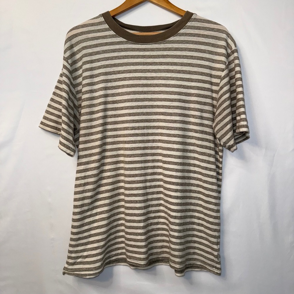 Rhythm Vintage Men's Large Cream Tan Stripe Cotton Linen Relaxed Tee Shirt